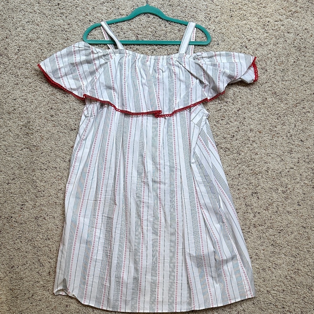 Terra & Sky Striped Off-Shoulder Dress - White with Red Accents